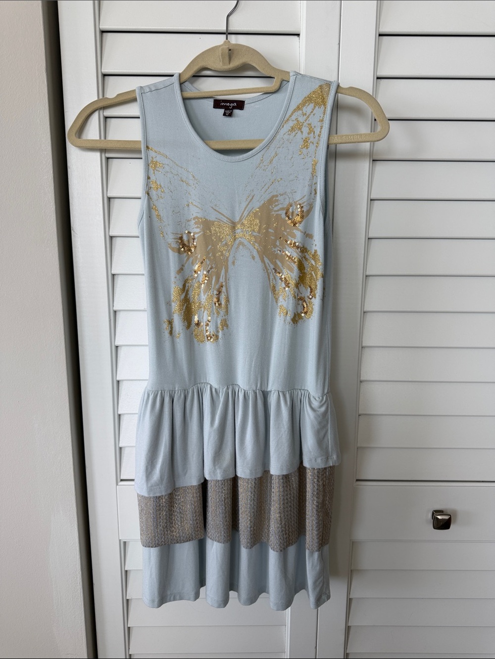Light Blue Sleeveless Tiered Dress with Metallic Trim